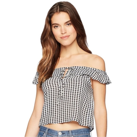 Billabong Peaches Kiss Gingham Off Shoulders Crop Top - Picture 1 of 12